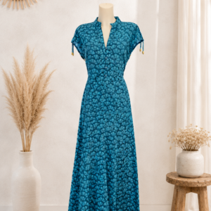 Robe longue en coton bleu à motif éventail inspiration Asie Malä