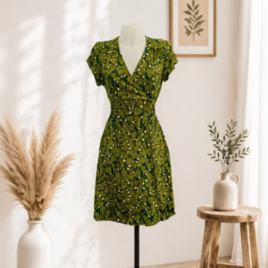 une robe courte portefeuille en viscose verte avec motifs floraux jaunes.