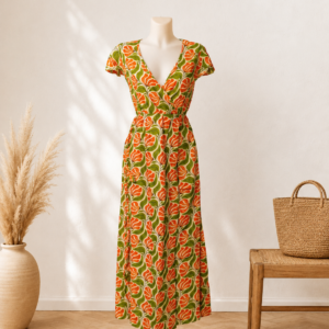 Robe longue cache-cœur Vïlia en viscose imprimé tulipes orange et vert.