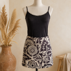 Jupe portefeuille réversible courte en coton motif floral noir et écru.