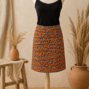 Jupe portefeuille réversible longue en coton orange à motif floral dense.